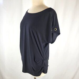 LUXOLOGY  Black Shirt with Grommet Details and Ruched Sides, Size XL